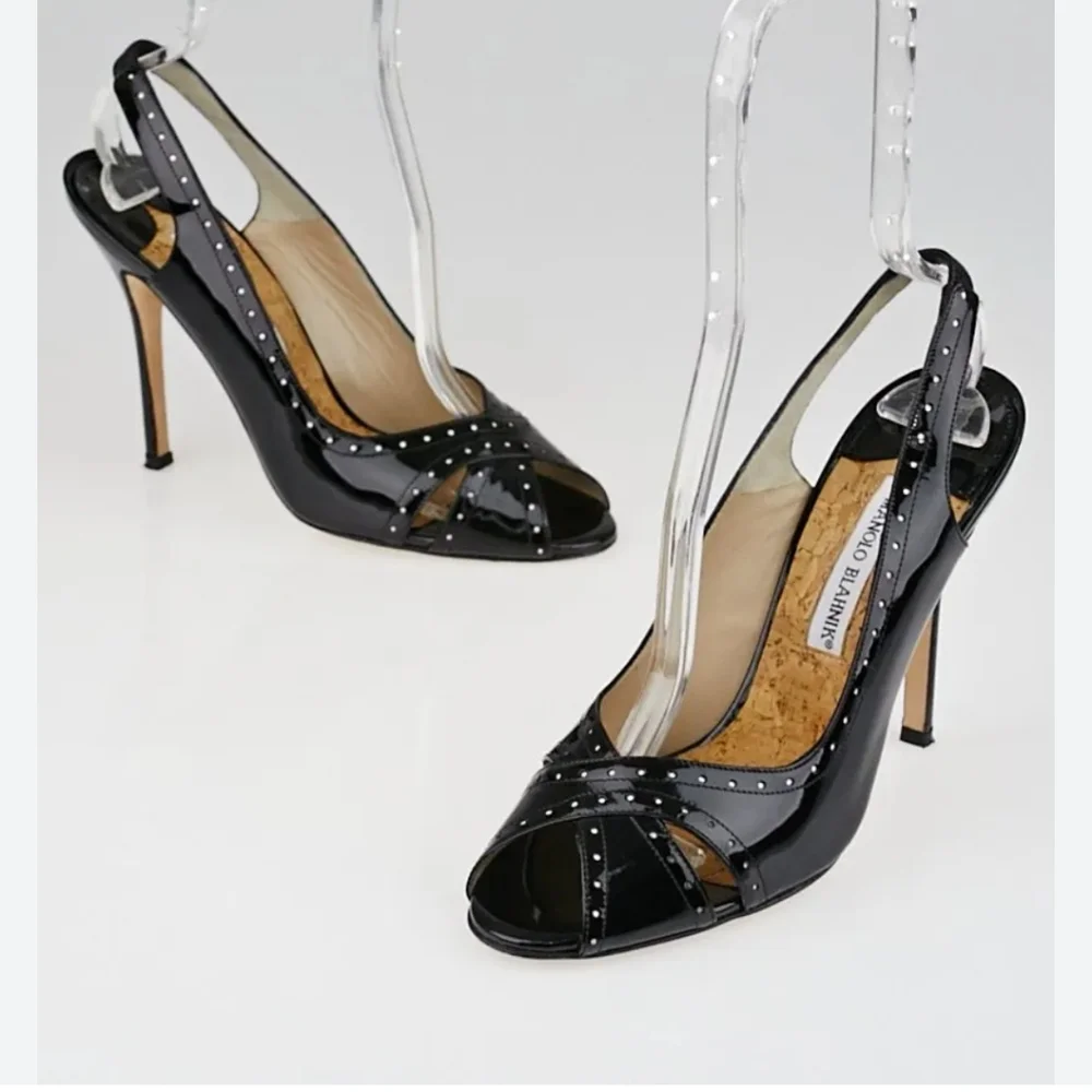 MANOLO BLAHNIK Slingback Sandals Black Perforated Patent Size 39 Peep Toe Pump - Picture 12 of 13